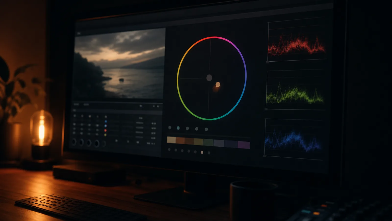 A colour grading screen with a wheel and a scopes panel on a dark monitor