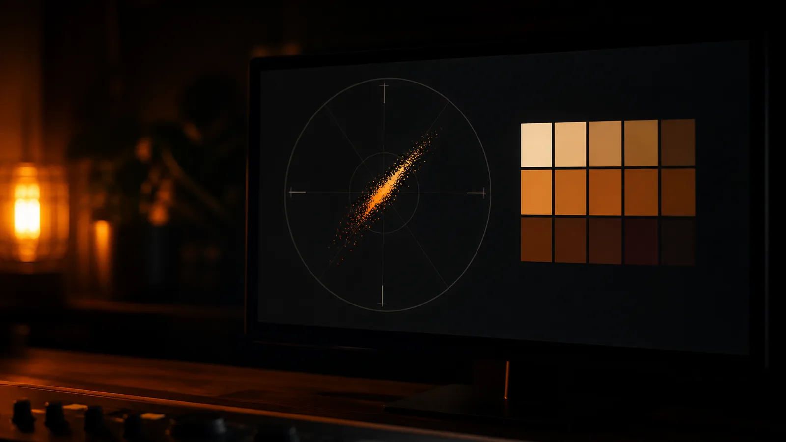 A face isolated on a monitor beside a colour vector scope and hue wheels