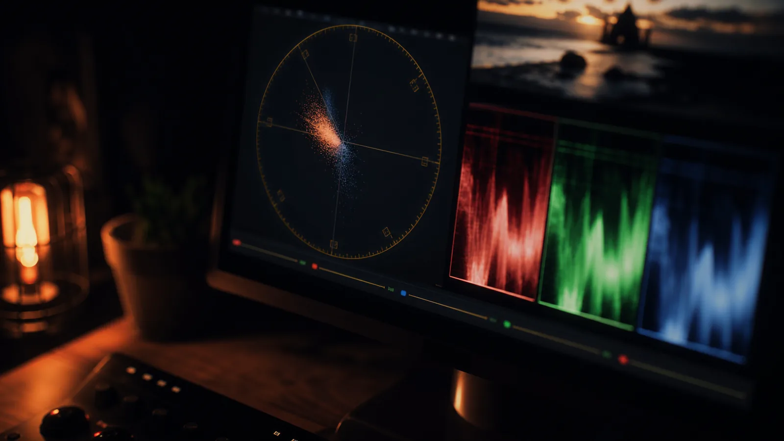 A clip on a monitor with colour scopes and a waveform open beside it